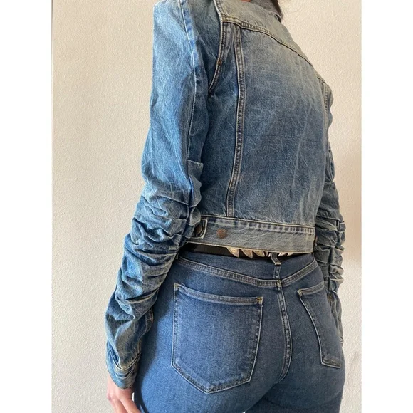 R13 Distressed Denim Jacket Structured Ruched Sleeve Jean Jacket | The Attico - Picture 6 of 13